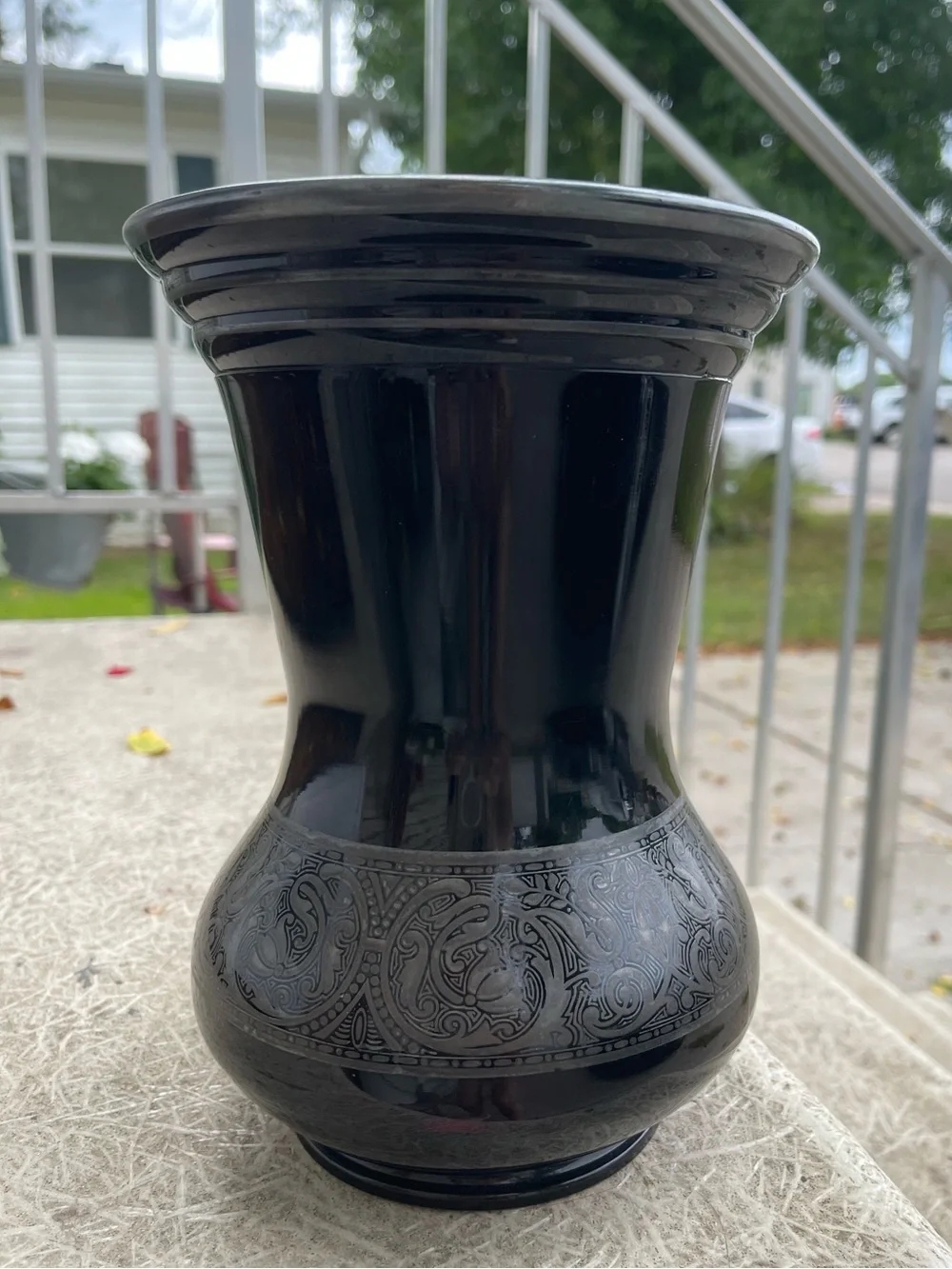 Antique Amethyst black tinted purple with sterling silver engraving vase